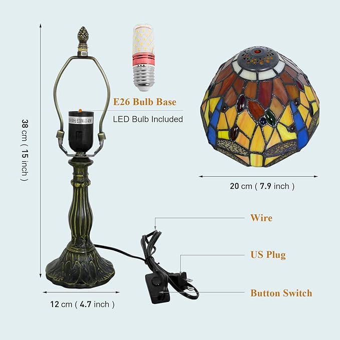 Tiffany Lamp Dragonfly Style Stained Glass Table Lamp Desk Reading Light, 8" Wide 15" Tall Bedside Table Lamp Decor for Small Space Bedroom Home Office