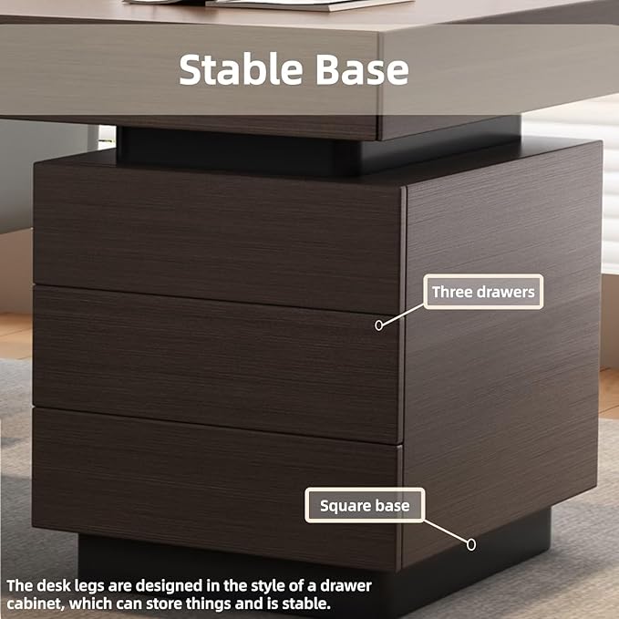 Modern Executive Desk with Drawers 62.99IN(Storage Base)(Wooden Texture) Home Office Desks Include Multi-Function Socket,Large Desktop