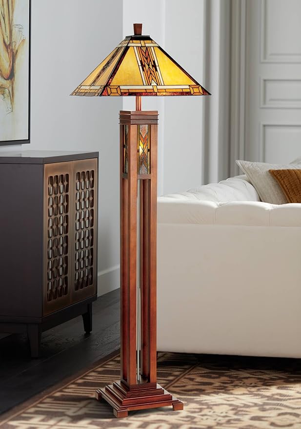 Robert Louis Tiffany Mission Rustic Tiffany Style Floor Lamp with Night Light 62.5" Tall Walnut Wood Column Square Geometric Stained Glass Shade Decor for Living Room Reading House Bedroom