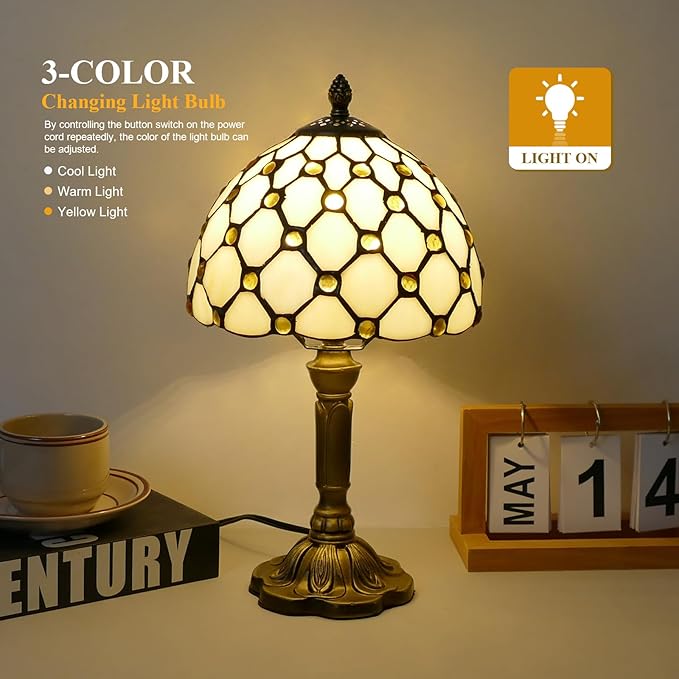 Tiffany Style Table Lamp Beige Beads Vintage Bedside Table Light Desk Lamps Accent Small Lamp 14" Tall 8" Wide Reading Lamp with Color Changing LED Bulb