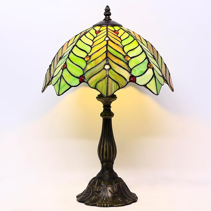Tiffany Lamp Touch Control Table Lamp Brown Green Leaf Style Stained Glass Desk Lamp 12X12X19 Inches Reading Light