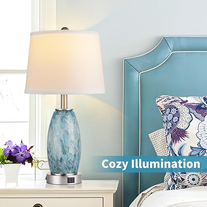 Table Lamps Set of 2 with 3-Way Lighting Modes, USB & Type C Ports - Coastal Modern Style Glass Nightstand Lamps for Living Room & Bedroom Decoration (23.5" H)