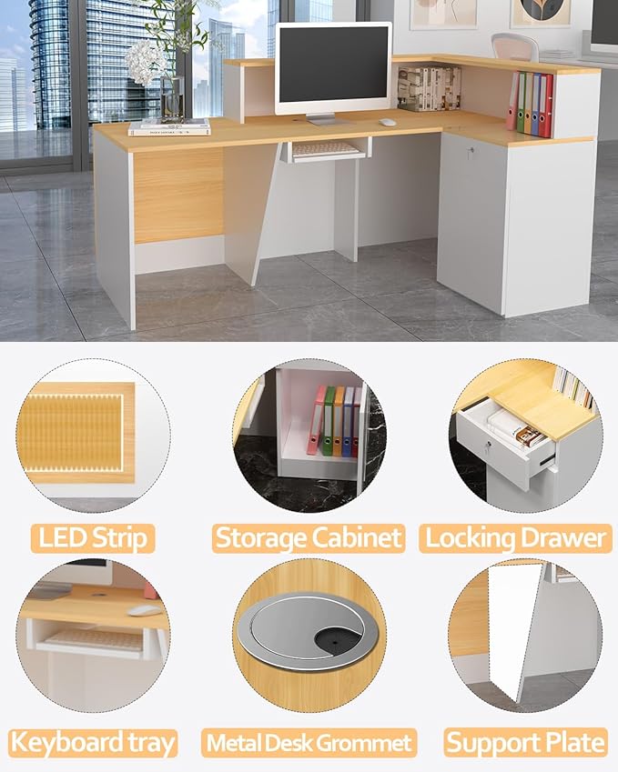 L-Shaped Reception Desk, Solid Wood Reception Desk with Counter, Check Out Stand with Lockable Drawer, Retail Checkout Counter for Office, Store, Beauty Salon (L-Shaped-Light Walnut -L, 71in)