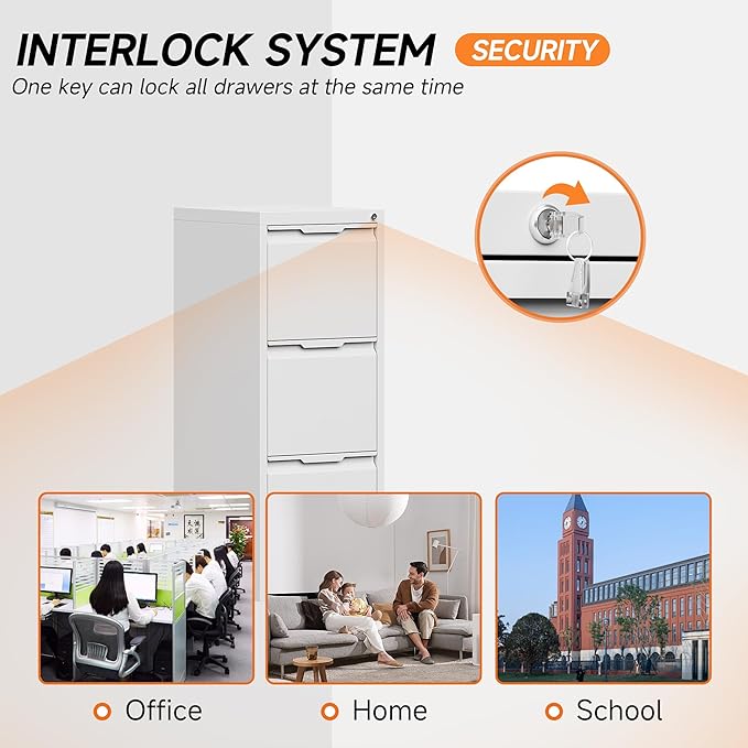Coolsun 3 Drawer Vertical File Cabinet with Lock, Metal Filing Cabinet for Home Office, Locking File Cabinet for A4/F4/Legal/Letter, Assembly Required (White, 3 Drawer)
