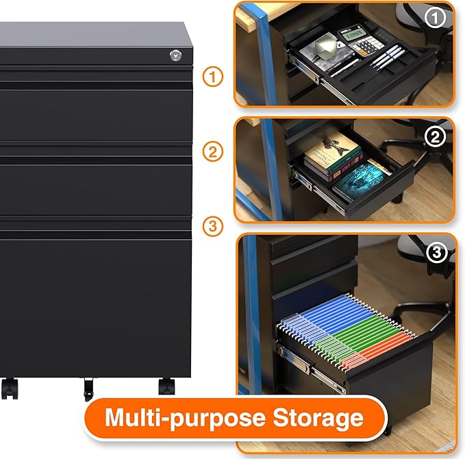 Metal Rolling File Cabinet with 3 Drawers, Under Desk Mobile Filing Storage Cabinet with Lock for Home Office Scool,Fully Assembled Except Wheels,Black