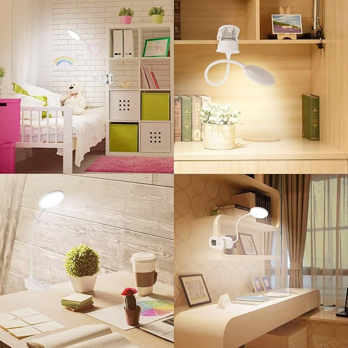 Miady Clip on Lamp,Battery Powered Reading Light,Clamp for Bed with 3 Brightness Level,USB Rechargeable(1 Pack)