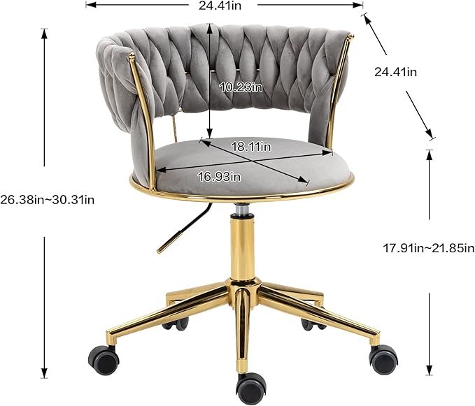 NIOIIKIT Velvet Office Desk Chair with Hand Woven Backrest, 360° Swivel & Height Adjustable Task Chairs, Makeup Chair, Living Room Chairs with Stainless Base and 5 Wheels (Grey)