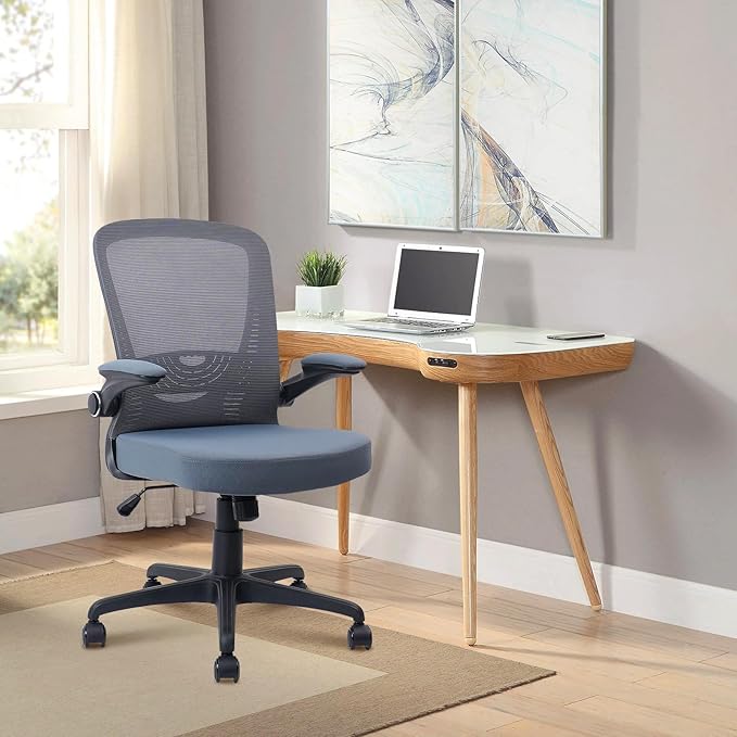CLATINA Desk Chairs with Wheels, Ergonomic Rolling Mesh Office Chair Adjustable Height and Lumbar Support Home Office Computer Chair with Flip Up Armrests, Grey