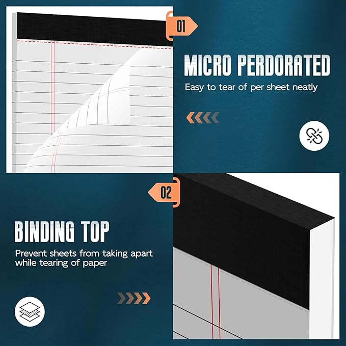 White Legal Note Pads 8.5X 11'', 24 Pack Legal Paper Note Pads, Micro Perforated Wide Ruled Lined Writing Pads 30 Sheets per Notepad Double-Side Printed Legal Note Pad 8.5x11 for Home, Office, School