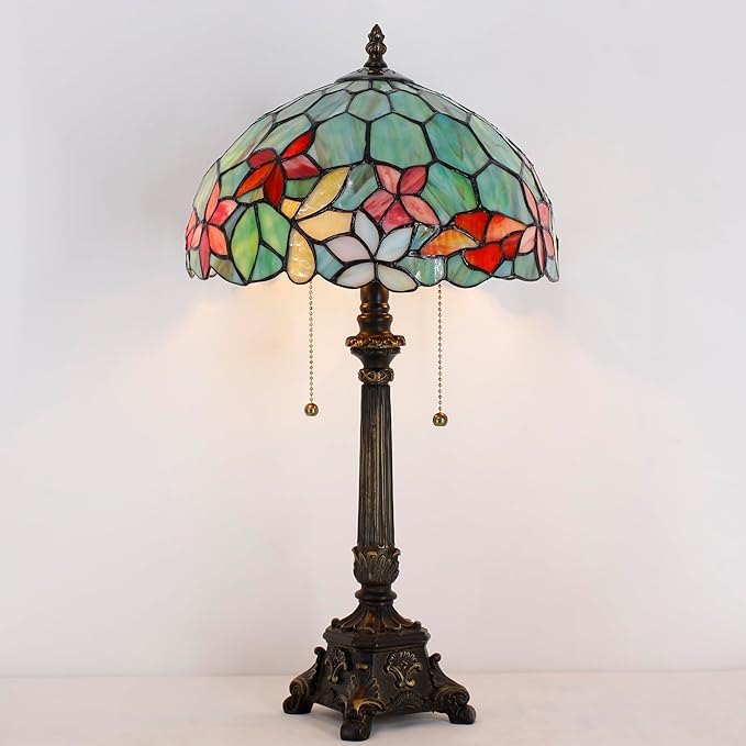 Tiffany Table Lamp Red Yellow Green Flowers Stained Glass Desk Lamp 12X12X21 Inches Reading Light