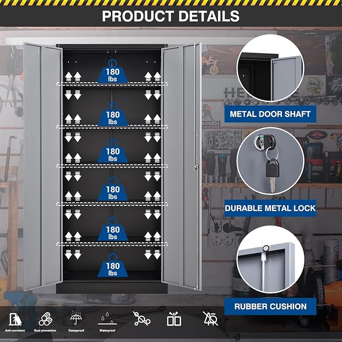 Metal Storage Cabinet-72” Tall Steel File Cabinets with Lockable Doors and 5 Adjustable Shelves-Black&Gray Steel Storage Cabinet for Home, School, Office, Garage