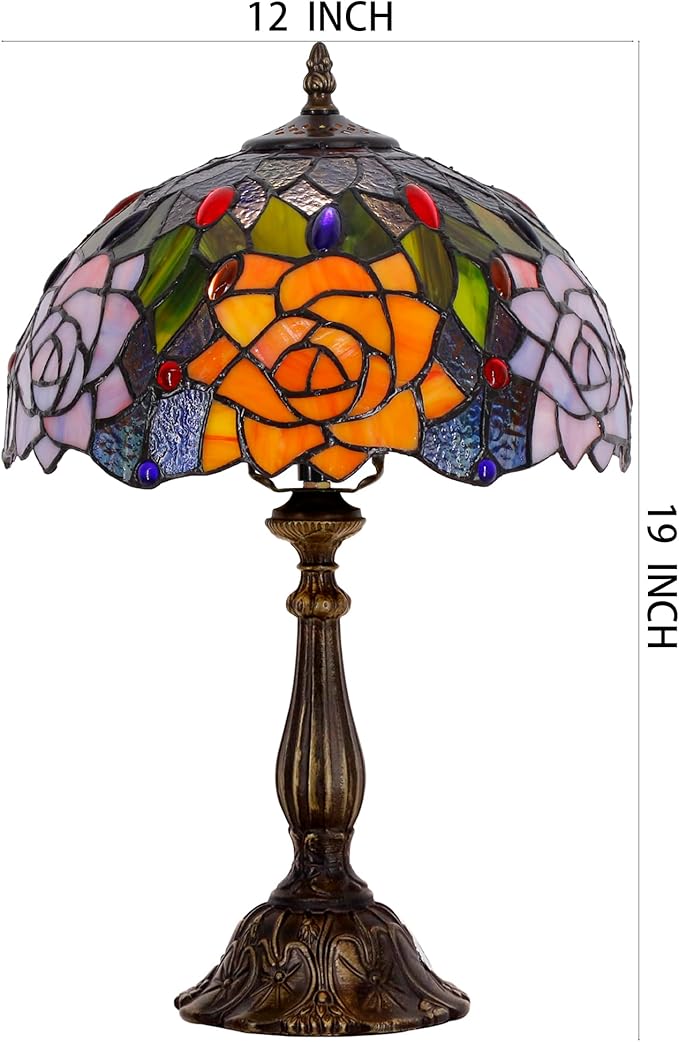 Tiffany Lamp Touch Control Table Lamp Orange Purple Stained Glass Desk Lamp 12X12X19 Inches Rose Flower Style Reading Light