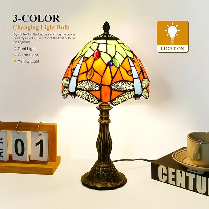 Tiffany Lamp Orange Dragonfly Stained Glass Table Lamp Desk Reading Light, 8" Wide 15" Tall Bronze Base Bedside Table Lamp Decor for Bedroom Living Room Home Office