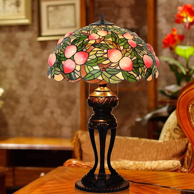 Tiffany Lamp Table Lamp Rose Dragonfly Tulip Wisteria Grape Peach Kapok Peony Apple Flower Design Stained Glass Lampshade Desk Lamp for Girl Living Room Iron Base W20 XH32,Peach