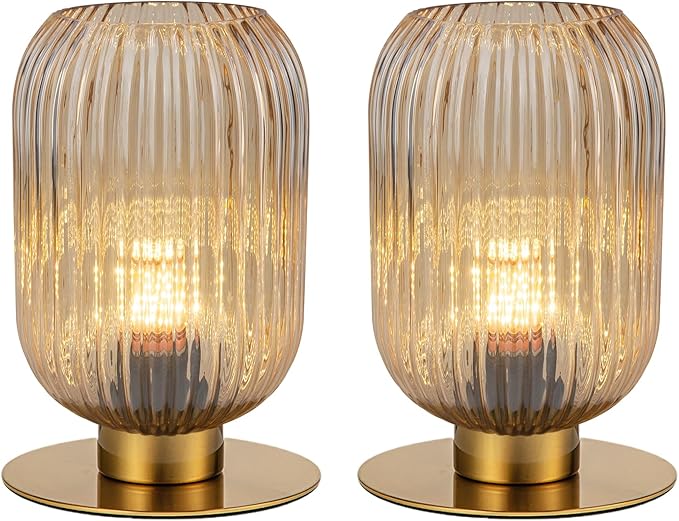 Table Lamp for Bedroom Nightstand Set of 2, Midcentury Modern Table Lamp Living Room Small End Table lamp, Amber Glass Bedside Lamp Gold Bedside Lamp with On/Off Switch on Plug in Cord