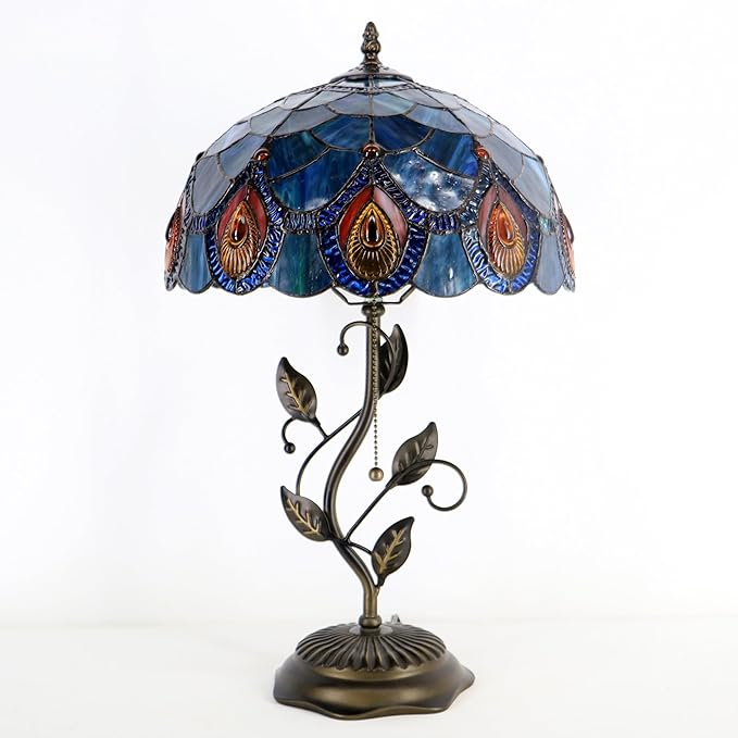 Tiffany Table Lamp, Stained Glass Style Desk Lamp, 12X12X19 Inch,Bedside Reading Light, Metal Leaf Base(Brown Crystal)