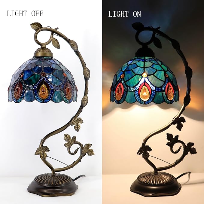 Tiffany Table Lamp, Stained Glass Desk Reading Light,Metal Leaf Table Lamp Base 8X10X21 Inches (Brown Crystal)