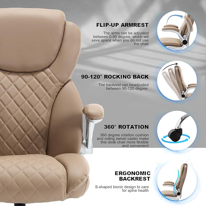 Leather Executive Office Chair, High Back Ergonomic Office Desk Chairs with Wheels, 90-120° Rocking Managerial Home Computer Chairs with Flip up Arms and Lumbar Support(Light Brown)