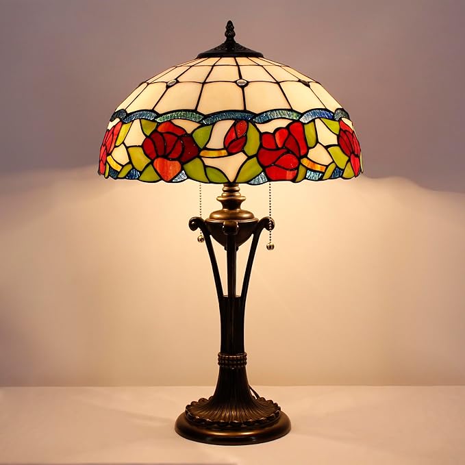 Tiffany Table Lamp Red Rose Flower Style Stained Glass Desk Lamp 16X16X24 Inches Reading Light