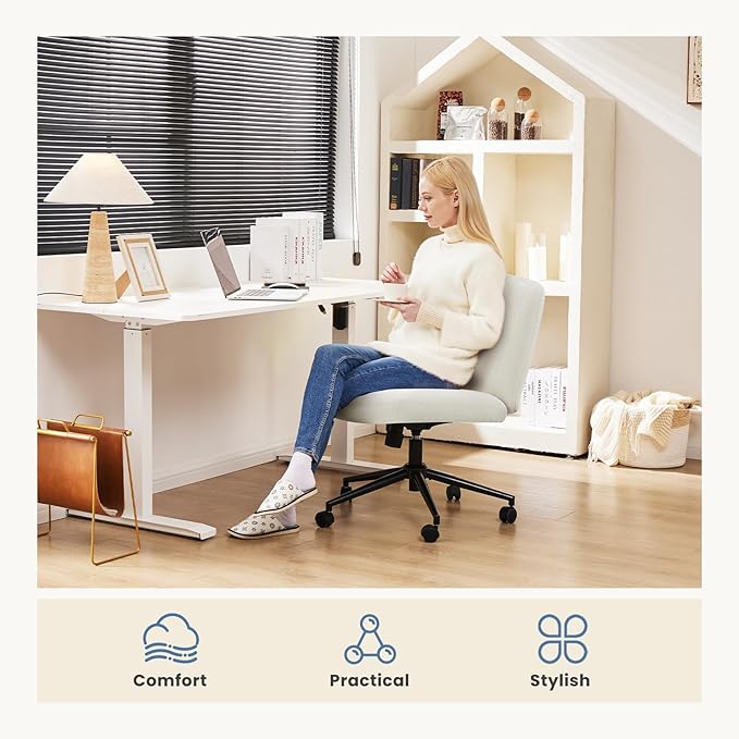 DUMOS Criss Cross Chair with Wheels, Wide Cross Legged Office Desk Vanity Chairs, Fabric Armless Adjustable Swivel Chairs for Home Computer Task, Beige