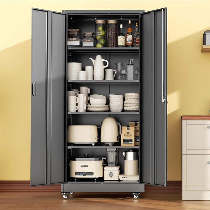 INTERGREAT Metal Storage Cabinet with Wheels, 73" H Rolling Metal Cabinets with Doors and Shelves, Steel Lockable Cabinet on Wheels, Black Office Storage for Home/Garage