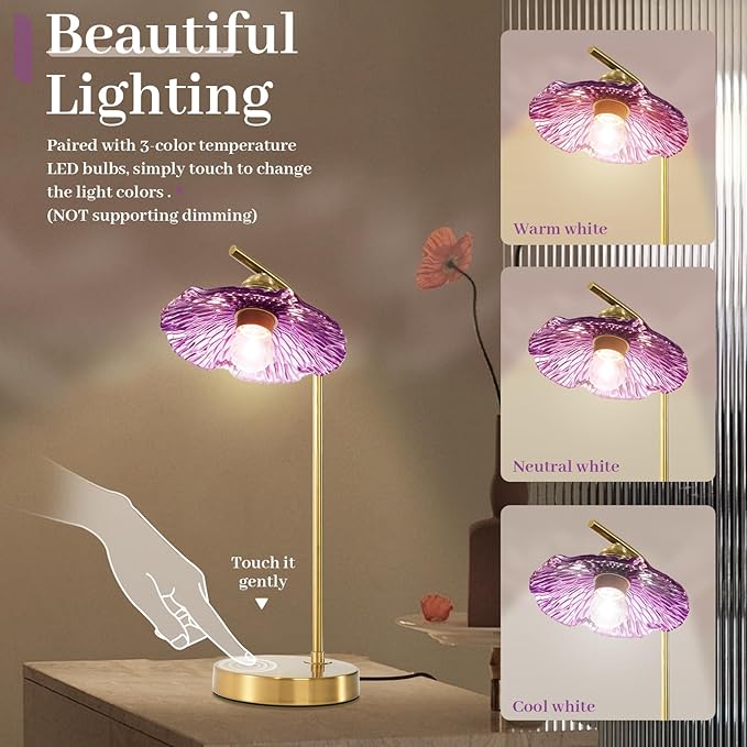 Mid Century Modern Table Lamp Gold Table Lamps Side Table Lamp with Glass Flower Shade Vintage Nightstand Lamp Purple Desk Lamp Touch Bedside Lamp for Bedroom Nightstand Living Room End Table