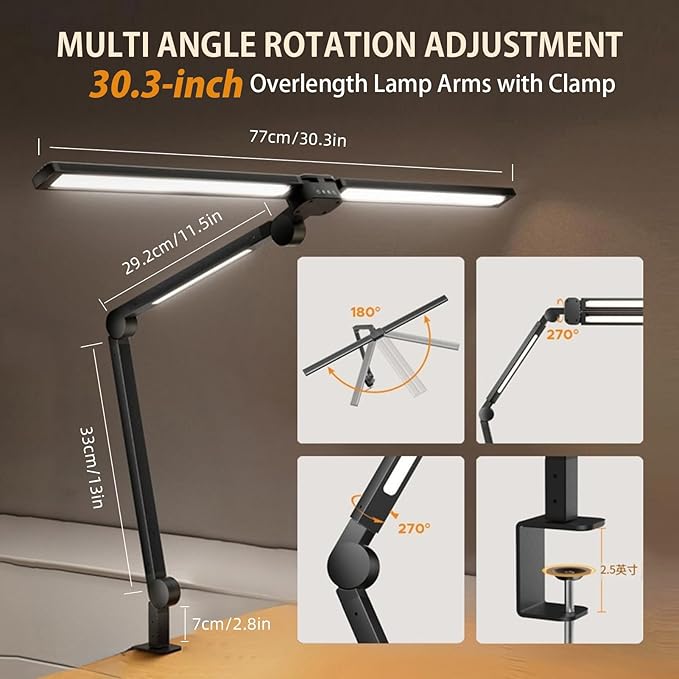 LED Desk Lamp for Office Home, Eye-caring 3-Lights 1500 Lumen with Clamp, Dual Screen Computer Adjustable Light, 24W Dimmable 272 Leds Remote Controlled Timed Table Lamp for Reading Study Working