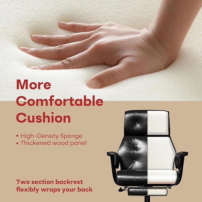Reclining Office Chair with Footrest, Big and Tall Office Desk Chair 400lbs Wide Seat with Leather, Ergonomic High Back, Button Tufted Vintage Design, Black