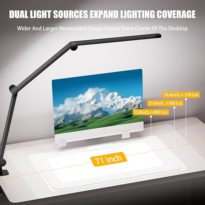 LED Desk Lamp with Clamp, Architect Desk Lamp with Dual Light & Adjustable Flexible Swing Arm, 5 Color Mode & Brightness, Eye Caring Table Light with Memory Function for Home Office Painting Drafting