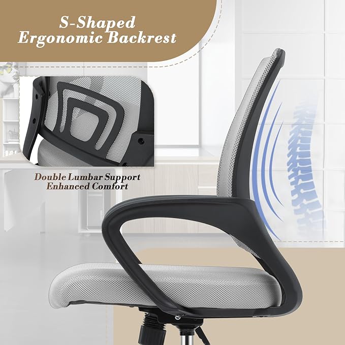 Athena Collection Computer Office Chair, Ergonomic Desk Chair with Rolling Wheels, Mesh Back Support and Height Adjustable, Small and Comfy for Home Office, Study, Light Grey