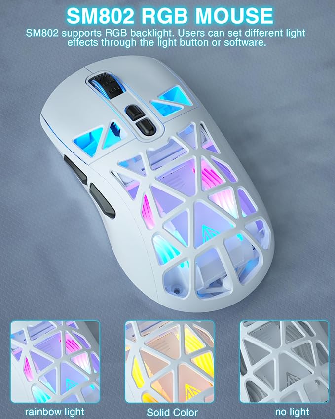 SOLAKAKA SM802 White Wireless Gaming Mouse,10000 DPI,Tri-Mode Wired/BT 5.0/2.4GHz Wireless Mouse Gaming with Side Button,RGB Programmable Macro Mouse for Laptop