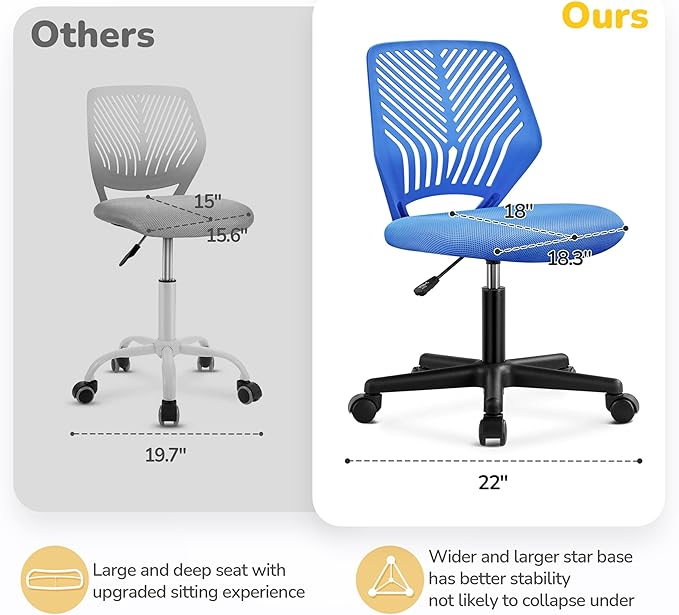 Yaheetech Students Desk Chair Low-Back Armless Study Chair Cute with Lumbar Support Adjustable Height for Youth, Blue