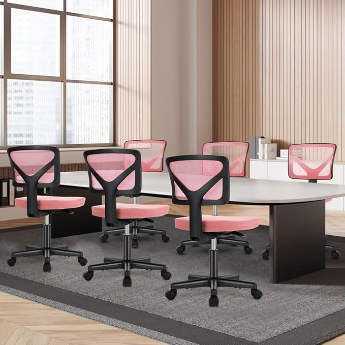 Armless Mesh Office Chair, Ergonomic Low Back Deskchair, Adjustable Rolling Task Computer Swivelchairs for Small Spaces Home Bedroom Study, Pink