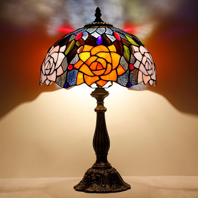 Tiffany Lamp Touch Control Table Lamp Orange Purple Stained Glass Desk Lamp 12X12X19 Inches Rose Flower Style Reading Light
