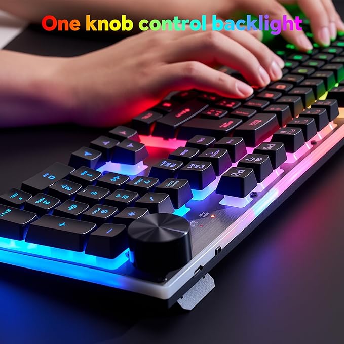 Wireless Gaming Keyboard with knob and Mouse Combo USB Dongle 2.4G Rechargeable 3000mAH Battery RGB Backlit Stainless Panel 4200DPI Side Button Mice for PC Laptop Compatible with Windows 8/9/10 MacOS