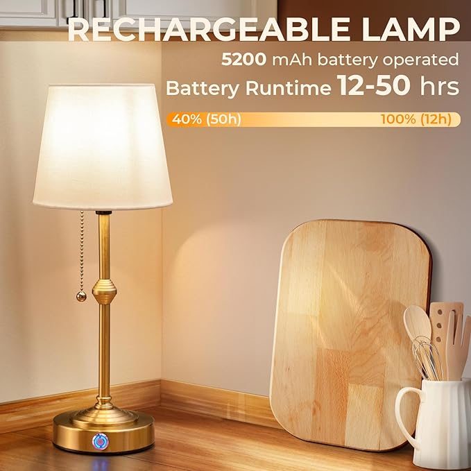Rechargeable Cordless Table Lamp: Battery Powered Lamp,3 Level Brightness - Bedside Night Lamp, Ambient Light for Restaurant, Home, Bedroom, Dining Room, Camping, Cafe(Gold)