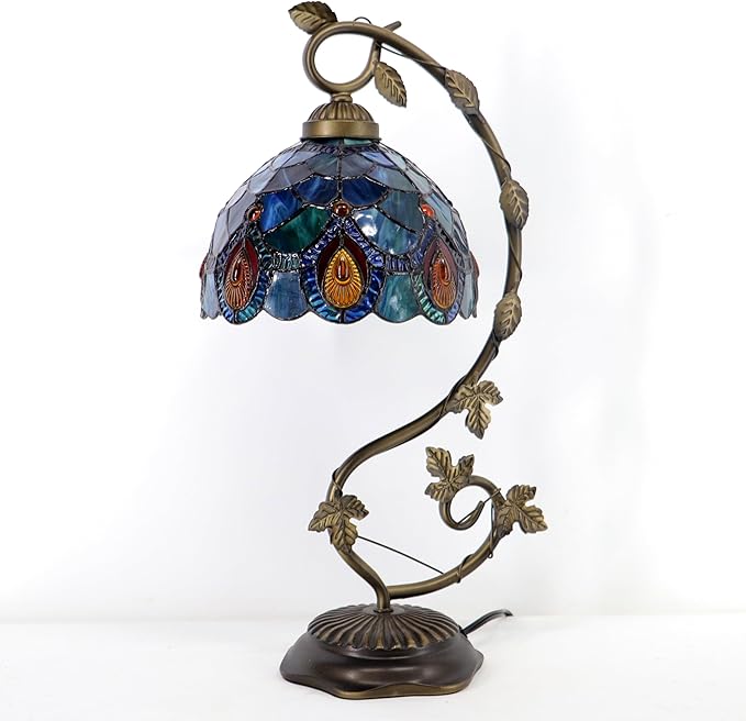 Tiffany Table Lamp, Stained Glass Desk Reading Light,Metal Leaf Table Lamp Base 8X10X21 Inches (Brown Crystal)