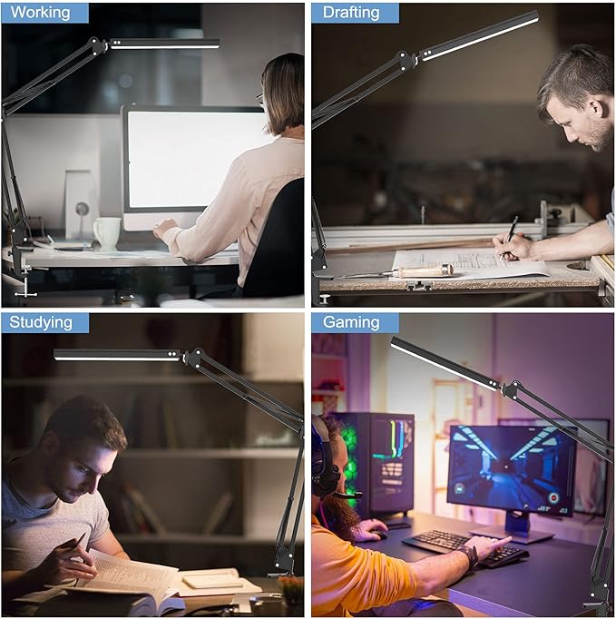 LED Desk Lamp,Adjustable Swing Arm Desk Lamp with Clamp,Dimmable Desk Light Eye-Care Table Light, Memory Function, 3 Color Modes, 10-Level Brightness Table Lamp for Home, Office, Study, Reading