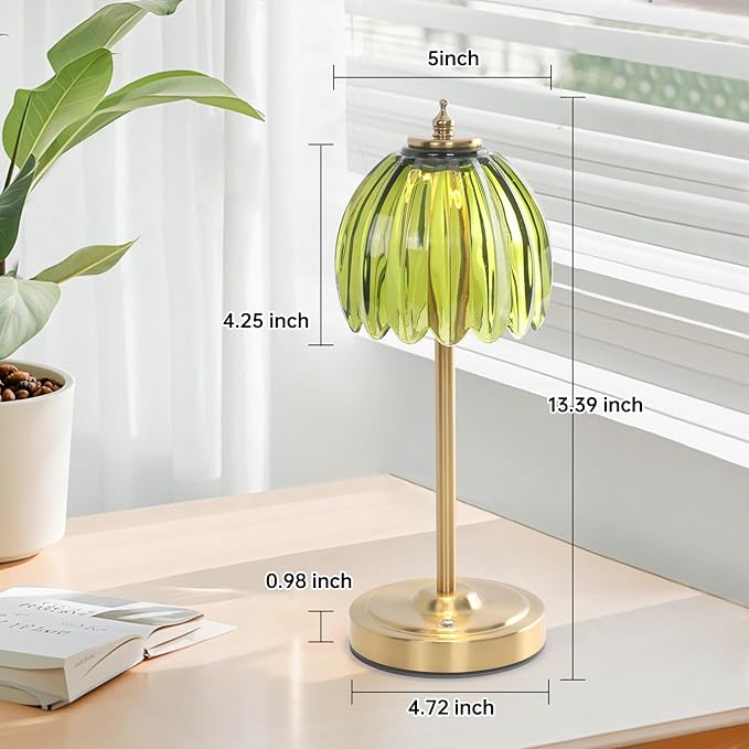 Set of 2 Cordless Table Lamp with 5000mAh Battery & Touch Control - 3 Adjustable Color Temperatures, Dimmable RechargeableTable Lamps for Bedroom, Office Desk, Nightstand (Green Tulip)