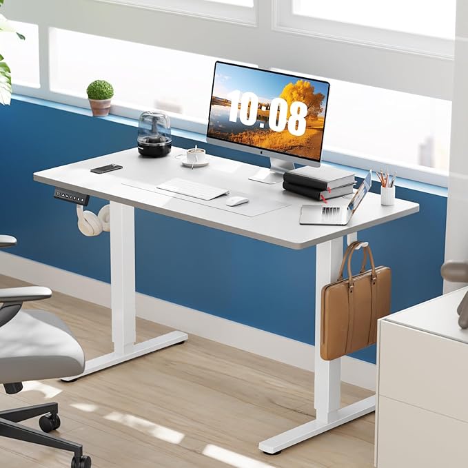 Sweetcrispy Electric Standing Desk Adjustable Height, 55x24 Inch Sit Stand Up Home Office Desks Computer Workstation PC Work Table with 3 Memory Preset Splice Wood Board Metal Frame, White