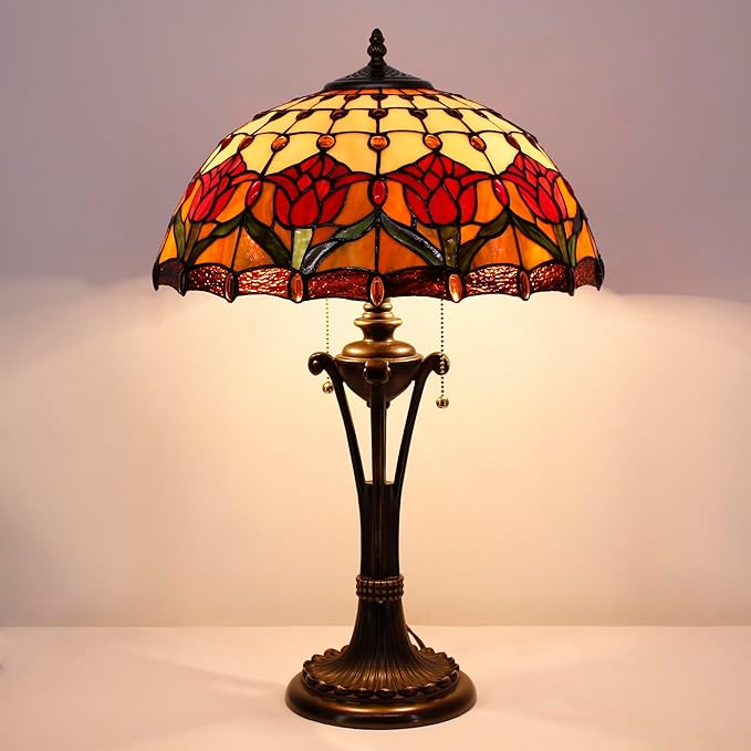 Tiffany Table Lamp Red Amber Stained Glass Desk Lamp 16X16X24 Inches Tulip Flower Style Reading Light