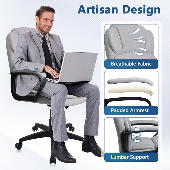 CLATINA Grey Cloth Office Chair Fabric Covered Desk Chair, Adjustable Height Swivel Chairs Ergonomic Executive Chair with Arms and Wheels Comfortable Upholstered, 350 LBS