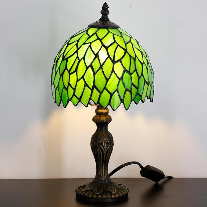 Small Tiffany Lamp Stained Glass Table Lamp Mini Desk Accent Light for Bedroom Bedside Reading Home Antique Style Decor 8X15 Inches (Green Wisteria)