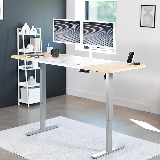 VIVO Electric 71 x 30 in Standing Desk, Memory Height Adjustment, 1B Series, White and Light Wood, Top Gray Frame, DESK-KIT-1G7WC