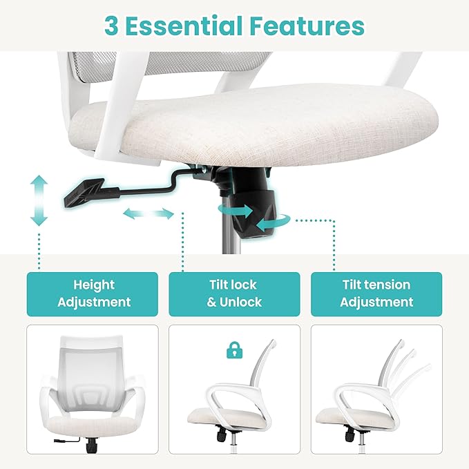 Office Chair with Ergonomic Mid Back Cushion Lumbar Support Adjustable Swivel Rolling Computer Gaming Desk Chair Comfy Mesh Seat Wheels Home Executive Use (1, Ivory)