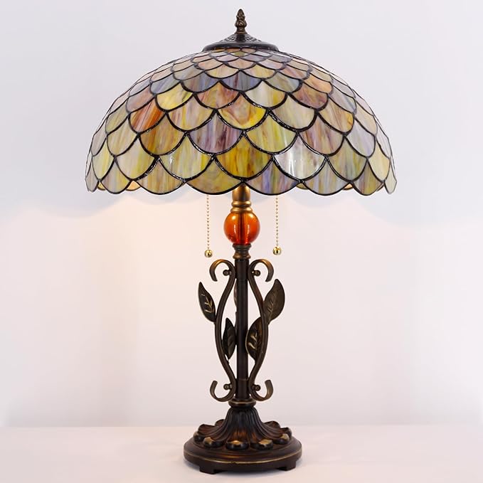 Tiffany Table Lamp Fish Scales Stained Glass Desk Reading Light 16X16X24 Inch Metal Leaf Base for Bedroom Living Room Home Office