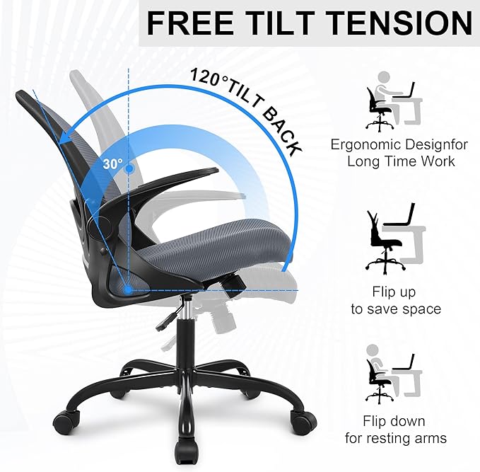 Primy Office Chair Ergonomic Desk Chair with Adjustable Lumbar Support and Height, Swivel Breathable Desk Mesh Computer Chair with Flip up Armrests for Conference Room(Dark Gray)