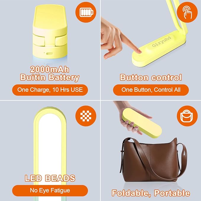 LED Desk Lamp for Office Home & Battery Operated Lamp Rechargeable Lamp Foldable & Portable Light, LED Desk Light Strip, 3 Brightness Dimmable Small Desk Lamp Reading Lamp (Yellow)