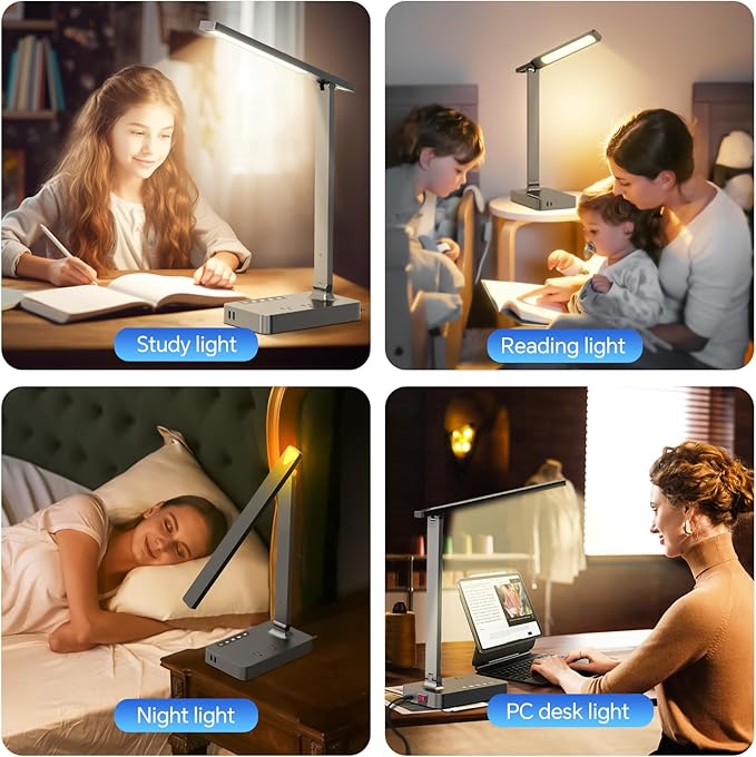 Power Strip with LED Desk Lamp, 2 Outlets 1 USB-A Ports 1 Type-C Ports, Small Desk Lamp for Home Office with Surge Protection, 5ft Extension Cord, 5 Color Modes 5 Brightness, Dorm Room Essentials