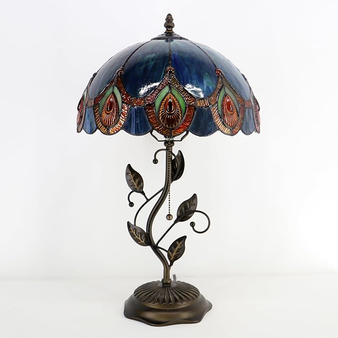 Tiffany Table Lamp, Stained Glass Style Desk Lamp, 12X12X19 Inch,Bedside Reading Light, Metal Leaf Base (Peacock Crystal Style)